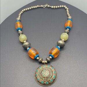 Vintage Glass and Metal Beaded Necklace Medallion Pendant 18” Boho Statement